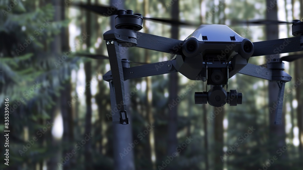 Ecological monitoring drone, close view of sensors and body, flying over forest, daylight Ecological monitoring drone, close view of sensors and body, flying over forest, daylight