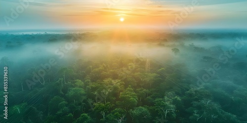 Sunrise Over Lush Forest with Aerial Communication Lines. Concept Nature Photography, Sunrise Views, Aerial Landscapes, Environmental Impact, Rural Infrastructure © Anastasiia