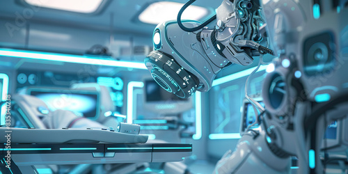 Cybernetic Clinic: A clinic specializing in cybernetic enhancements, with futuristic medical equipment and patients undergoing advanced procedures