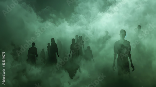 Zombie horde silhouette background with misty fog and a dark sky, in the style of a Halloween concept