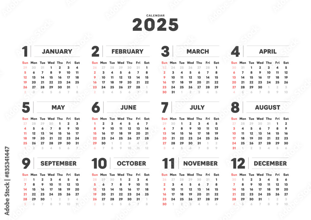 2025年のシンプルなデザインの年間カレンダー - 日曜始まり・12ヶ月・1年分の暦 - A判比率
2025年のシンプルなデザインの年間カレンダー - 日曜始まり・12ヶ月・1年分の暦 - A判比率