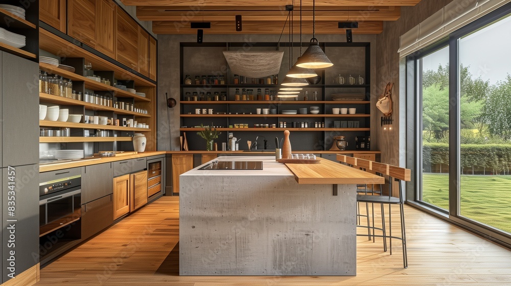 A minimalist country kitchen with open wooden shelving, a large concrete island, and industrial-style pendant lighting providing a modern yet rustic vibe. A minimalist country kitchen with open wooden shelving, a large concrete island, and industrial-style pendant lighting providing a modern yet rustic vibe.