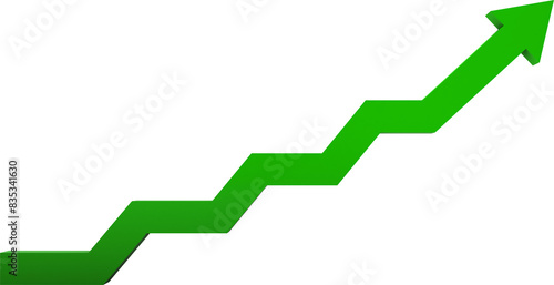 Green arrow showing upward business earnings on white background,3d rendering.