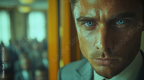 A man in a wrinkled suit paces anxiously outside a conference room, his brow furrowed and eyes darting nervously photo