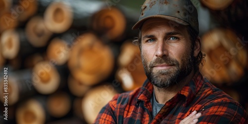 Hardworking Canadian Lumberjack in Plaid Flannel Shirt and Work Boots Amid Blurred Forest Background photo