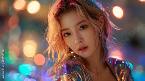 Korean Pop Star in Metallic Jumpsuit Crossing Arms Against Blurred Glittering Stage Background