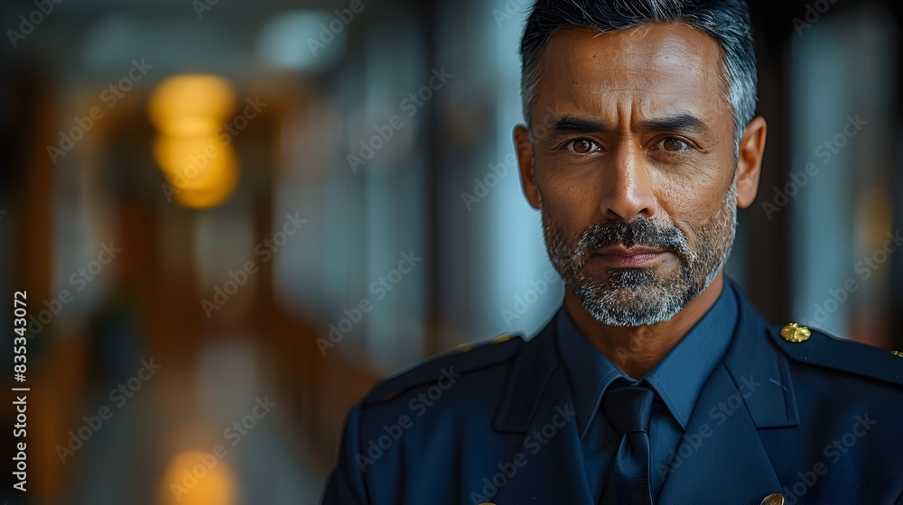 Obraz premium Portrait of Authoritative South Asian Security Guard in Navy Uniform