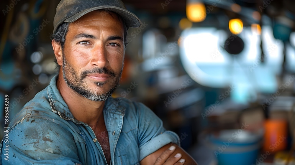 Rugged Pacific Islander Fisherman Portrait with Blurred Coastal Backdrop Rugged Pacific Islander Fisherman Portrait with Blurred Coastal Backdrop