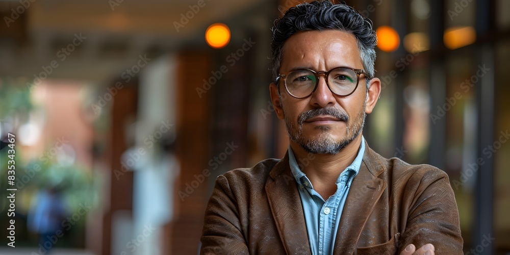 Thoughtful Latinx Nonprofit Leader Poses in Blurred Community Center Thoughtful Latinx Nonprofit Leader Poses in Blurred Community Center