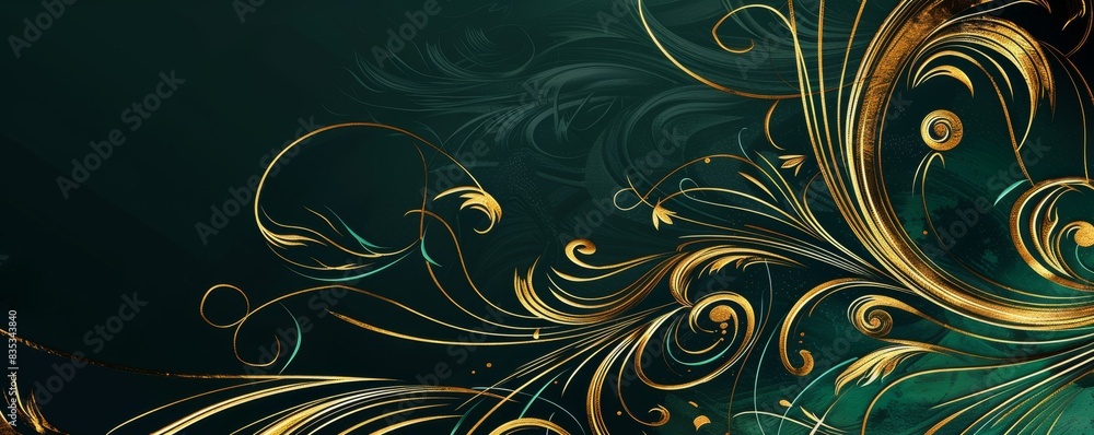 Elegant green and gold swirls on dark background design Elegant green and gold swirls on dark background design