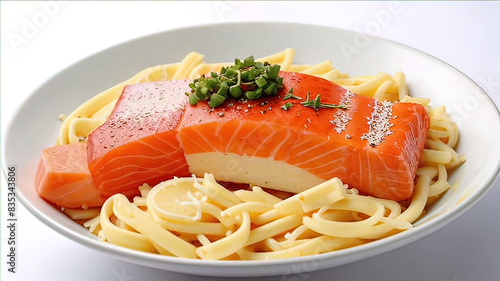 delicious salmon and shrimp in a beautiful package on a white background, package of fettuccine, olive oil, salmon, shrimp, buccal dish photo