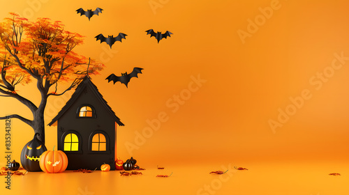 Cute halloween house, pumpkin, bats, and tree on orange background with copy space, minimalistic style, banner design