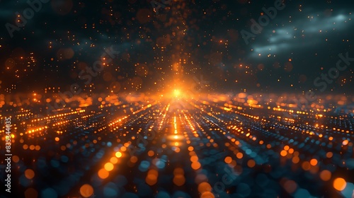 A high-tech illustration of AI Genesis, depicting a metallic sun radiating beams of binary code across a sleek, technological landscape. photo