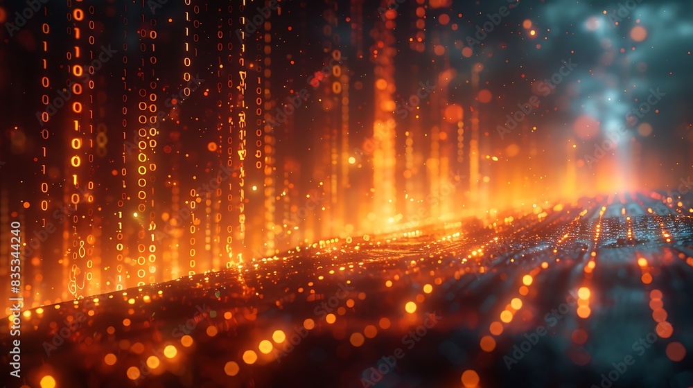 Fototapeta premium A high-tech illustration of binary code streams flowing through a futuristic landscape, with glowing white and orange digits, embedded within a sleek, metallic structure.
