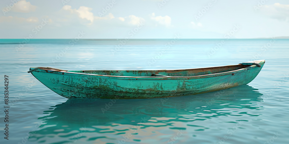 Naklejka premium Turquoise Outrigger Canoe: An outrigger canoe floating on calm, tropical waters, its hull painted a vivid turquoise blue