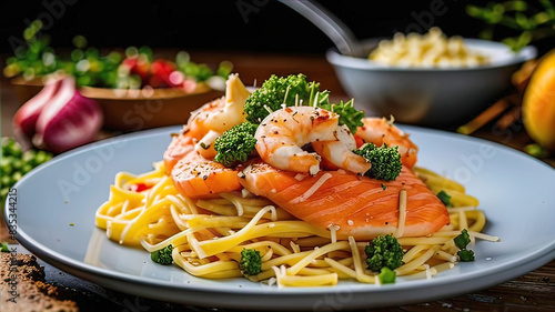 delicious salmon and shrimp in a beautiful package on a white background, package of fettuccine, olive oil, salmon, shrimp, buccal dish photo