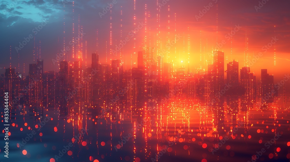 Fototapeta premium A high-tech illustration of Data Mirage, depicting an urban skyline where the buildings gradually pixelate and dissolve into a digital haze, symbolizing data loss and digital decay.