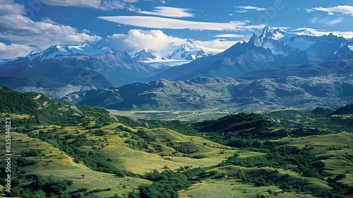 A broad view of Patagonia s diverse landscape  showcasing the verdant valleys  rugged hills  and distant  glittering glaciers  all bathed in the soft light of a clear day  creating a sense of