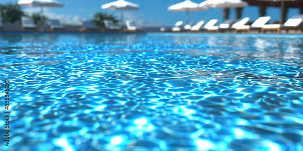 Obraz premium Sapphire Blue Swimming Pool: A crystal-clear swimming pool with loungers and umbrellas scattered around, accentuated by a bright blue color