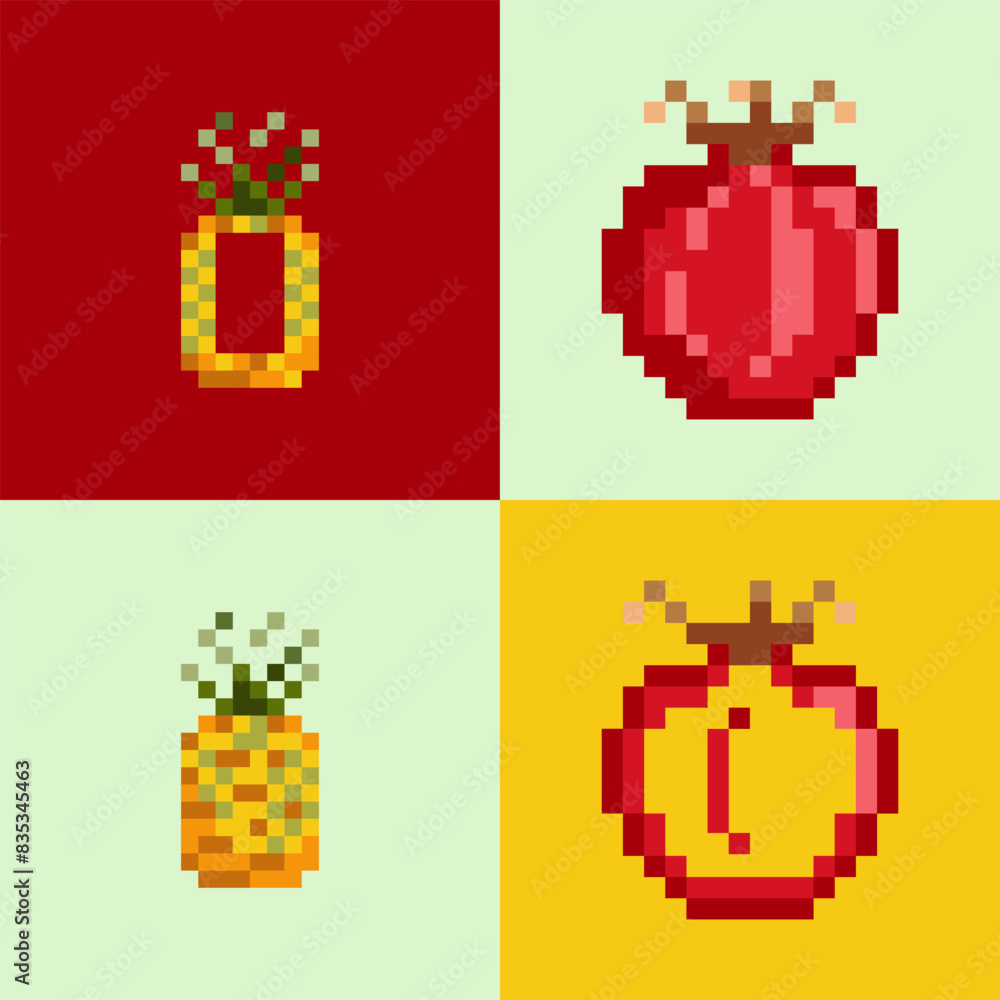 Obraz premium A pattern of pixel fruits pineapple and pomegranate on an isolated background.