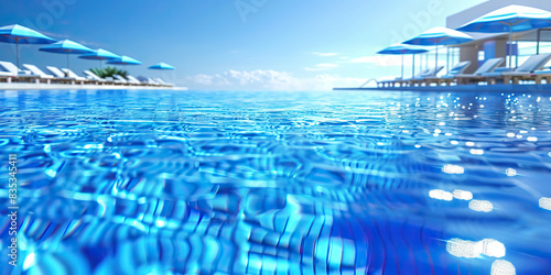 Sapphire Blue Swimming Pool: A crystal-clear swimming pool with loungers and umbrellas scattered around, accentuated by a bright blue color photo