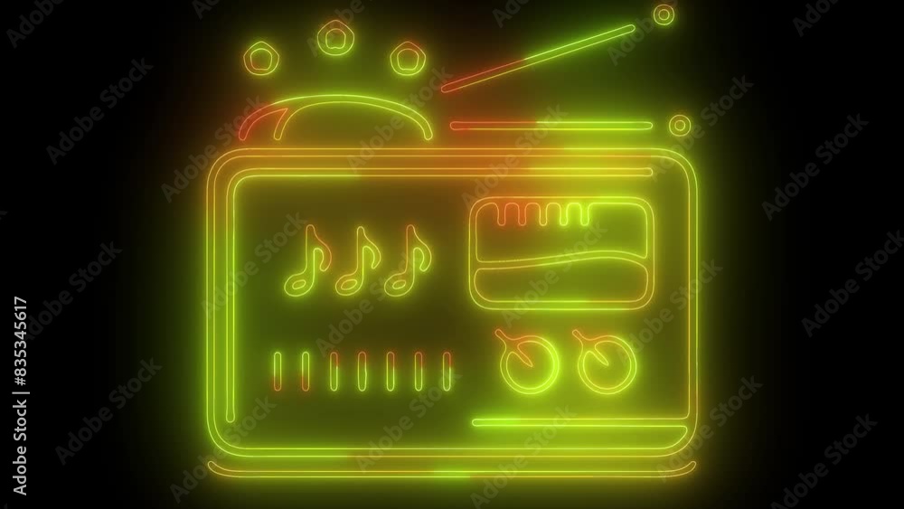 Retro Neon Vinyl Player With Loudspeakers Animated On A Black Background. Seamless Loop Retro Neon Vinyl Player With Loudspeakers Animated On A Black Background. Seamless Loop