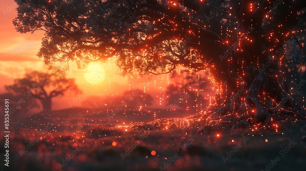 A high-tech illustration of Synthetic Dreams, featuring a digitally constructed forest where each leaf and branch is made of fine circuit lines and light pulses, under a glowing artificial sun. A high-tech illustration of Synthetic Dreams, featuring a digitally constructed forest where each leaf and branch is made of fine circuit lines and light pulses, under a glowing artificial sun.