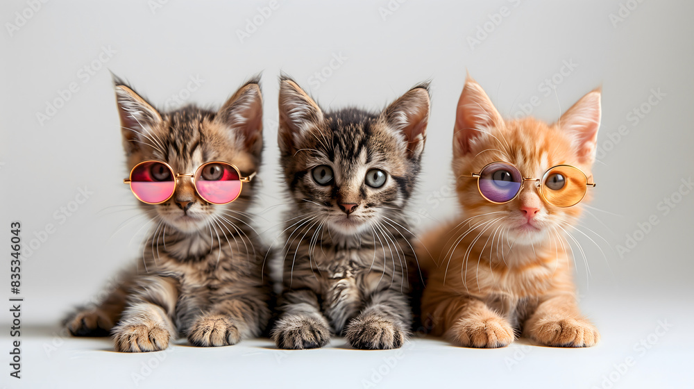 three kittens sitting side by side against a plain, light-colored background, two of them is wearing a pair of round, colorful sunglasses