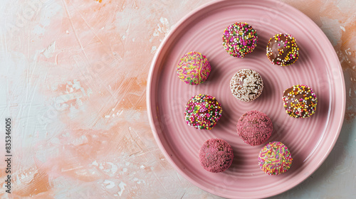colorful brigadeiros on pink plate, festive brazilian chocolate truffles with sprinkles © hiba
