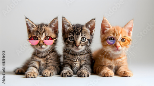 three kittens sitting side by side against a plain, light-colored background, two of them is wearing a pair of round, colorful sunglasses