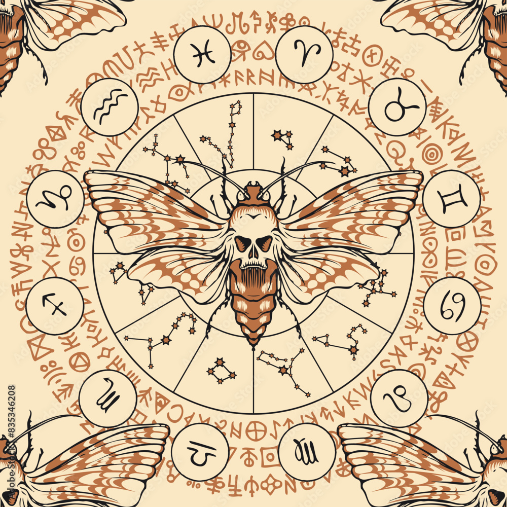 vector seamless pattern with a death's head butterfly on the background of the zodiac circle with constellations and ancient runes
