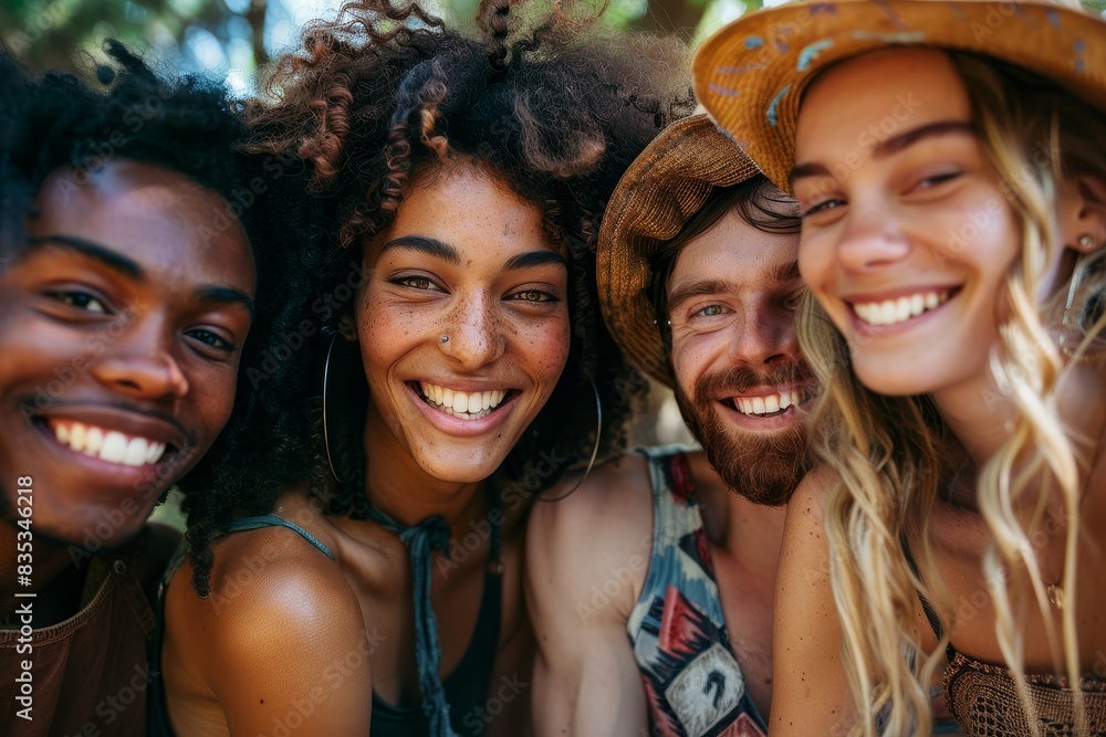 A group of diverse friends is laughing in the park on a summer day, dressed in casual clothing, enjoying the sunshine, and in a happy mood A group of diverse friends is laughing in the park on a summer day, dressed in casual clothing, enjoying the sunshine, and in a happy mood
