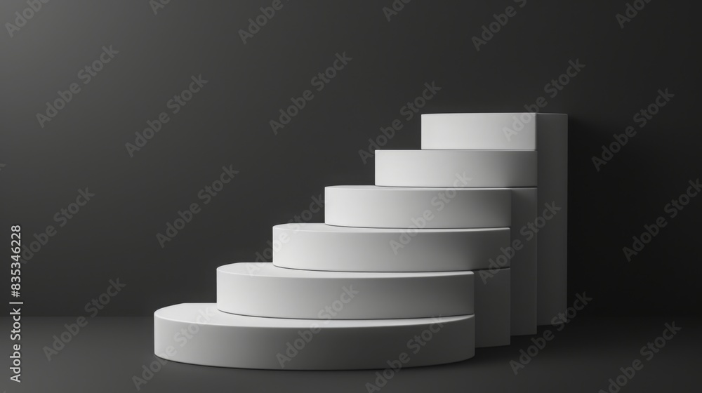 Minimalistic white circular stairs create a striking contrast against a dark background, under studio lighting. Minimalistic white circular stairs create a striking contrast against a dark background, under studio lighting.