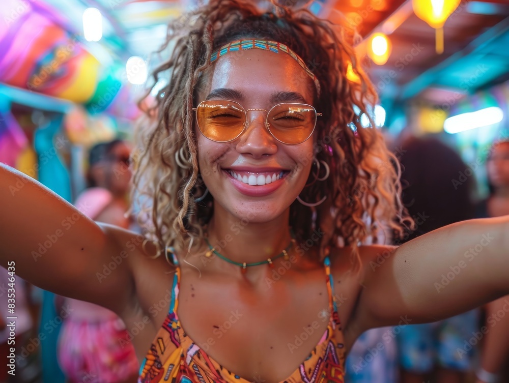 Friends at an outdoor concert venue, under evening lights, soaking up an energetic atmosphere with mixed ethnicities Friends at an outdoor concert venue, under evening lights, soaking up an energetic atmosphere with mixed ethnicities