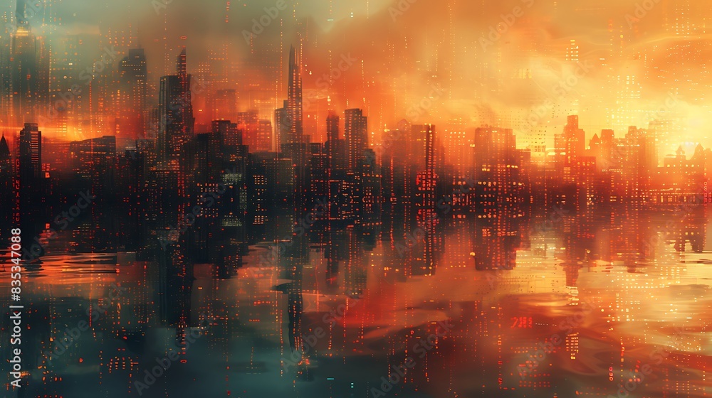 A photorealistic depiction of Data Mirage, with a cityscape reflected on a surface that distorts into streams of binary code and digital artifacts, creating a surreal and fragmented view. A photorealistic depiction of Data Mirage, with a cityscape reflected on a surface that distorts into streams of binary code and digital artifacts, creating a surreal and fragmented view.