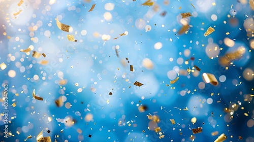 golden confetti falling on blurred blue background 