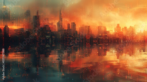 A photorealistic depiction of Data Mirage, with a cityscape reflected on a surface that distorts into streams of binary code and digital artifacts, creating a surreal and fragmented view.