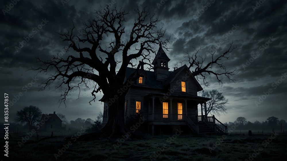 A chilling wind howls through the gnarled trees, framing the ominous silhouette of a haunted house against the starless sky ai_generated A chilling wind howls through the gnarled trees, framing the ominous silhouette of a haunted house against the starless sky ai_generated