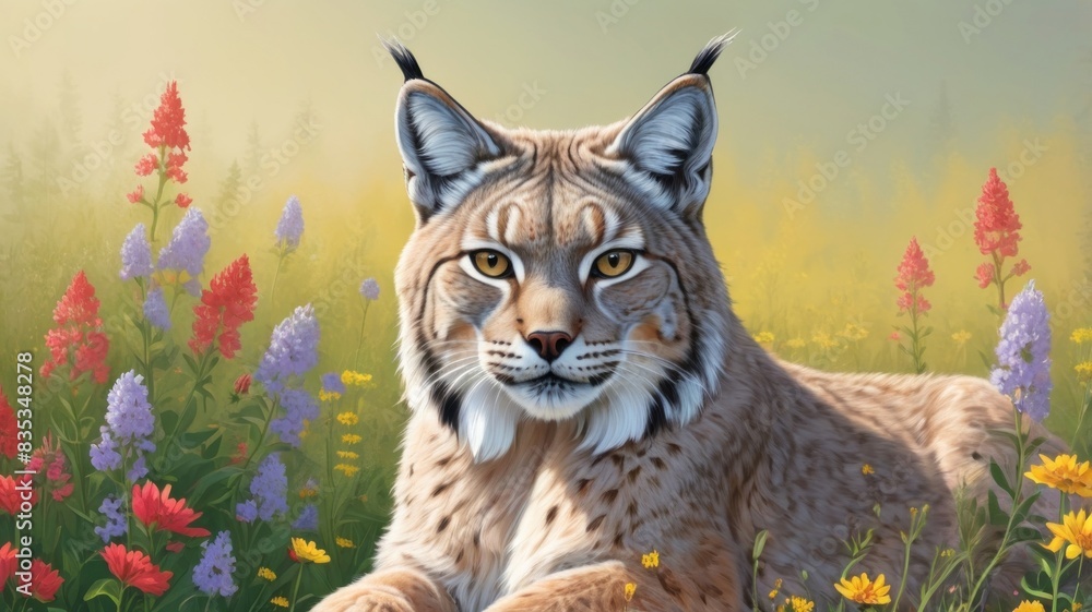 Obraz premium Canadian lynx close-up against a forest background.