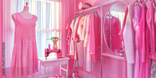 Fuchsia Pink Fashion Corner: Rack of hanging clothes, mannequin, and a sewing machine, with a full-length mirror photo