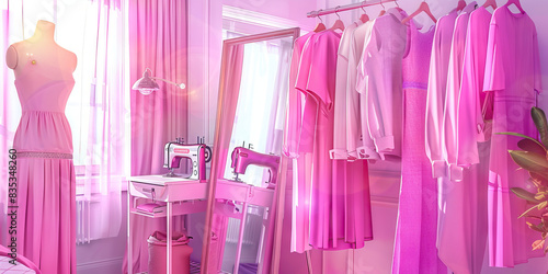 Fuchsia Pink Fashion Corner: Rack of hanging clothes, mannequin, and a sewing machine, with a full-length mirror photo