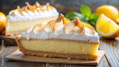 Close-up of a delicious lemon meringue pie slice , dessert, food, slice, sweet, yellow, baked, pastry, close-up, delicious, tasty, treat, sugar, homemade, crust, citrus, creamy, whipped photo