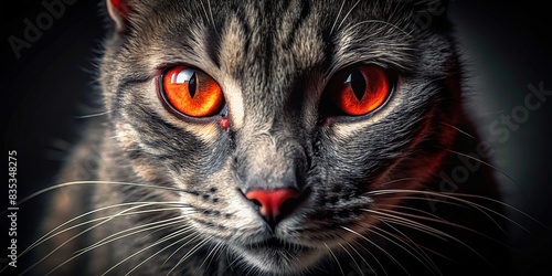 Close-up of a cat's face with glowing red eyes in the darkness, Cat, animal, dark, eyes, glowing, red, spooky, feline, close-up, night, black, mysterious, eerie, pet, mysterious, Halloween photo