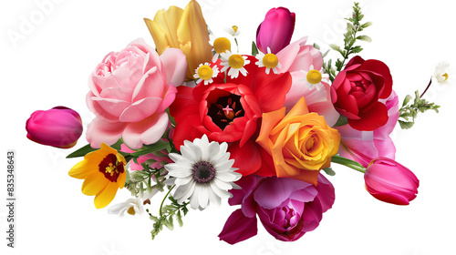 vibrant bouquet of mixed flowers including roses, tulips, and daisies on an isolated transparent background