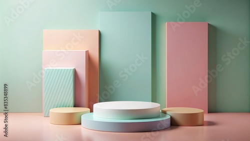 Minimalistic podium wall display on pastel background with geometric shapes for product presentation   mockup  showcase  promotion  product display  stand  podium  wall