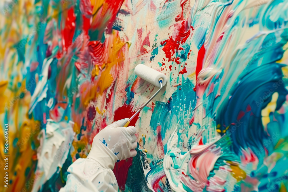 Obraz premium Close up of painter hand in white glove painting a wall with paint roller, Real estate, New home concept.