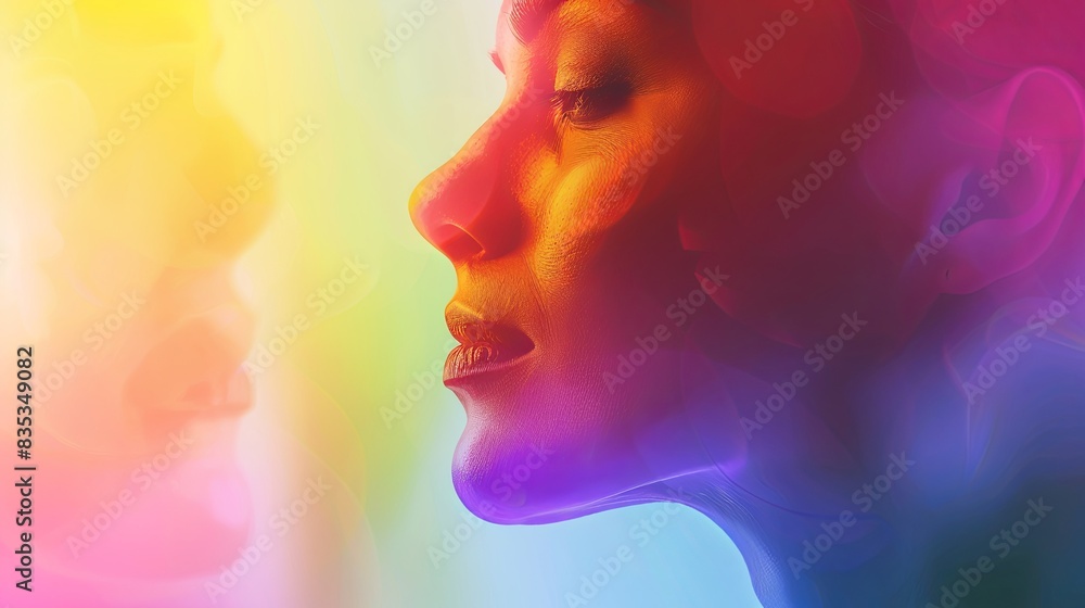 confident face, LGBTQ support, solidarity, copy space, rich palette, double exposure silhouette with rainbow colors confident face, LGBTQ support, solidarity, copy space, rich palette, double exposure silhouette with rainbow colors