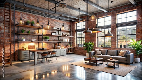 Industrial loft with exposed brick walls, concrete flooring, raw metal shelving, and Edison bulb lighting , loft, industrial, exposed brick, concrete flooring, raw metal, shelving