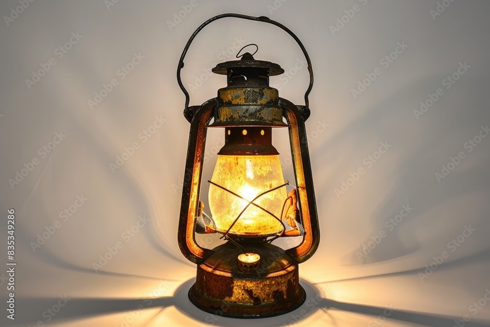 A vintage lantern, casting a warm glow in the darkness, isolated on pure white background.