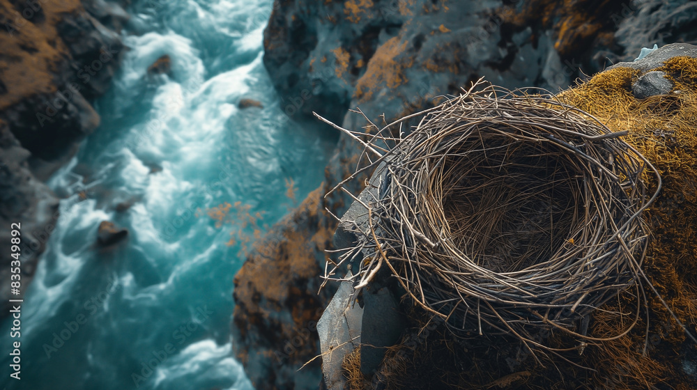 close-up view of a bird nest without birds, perched high above a breathtaking river below close-up view of a bird nest without birds, perched high above a breathtaking river below